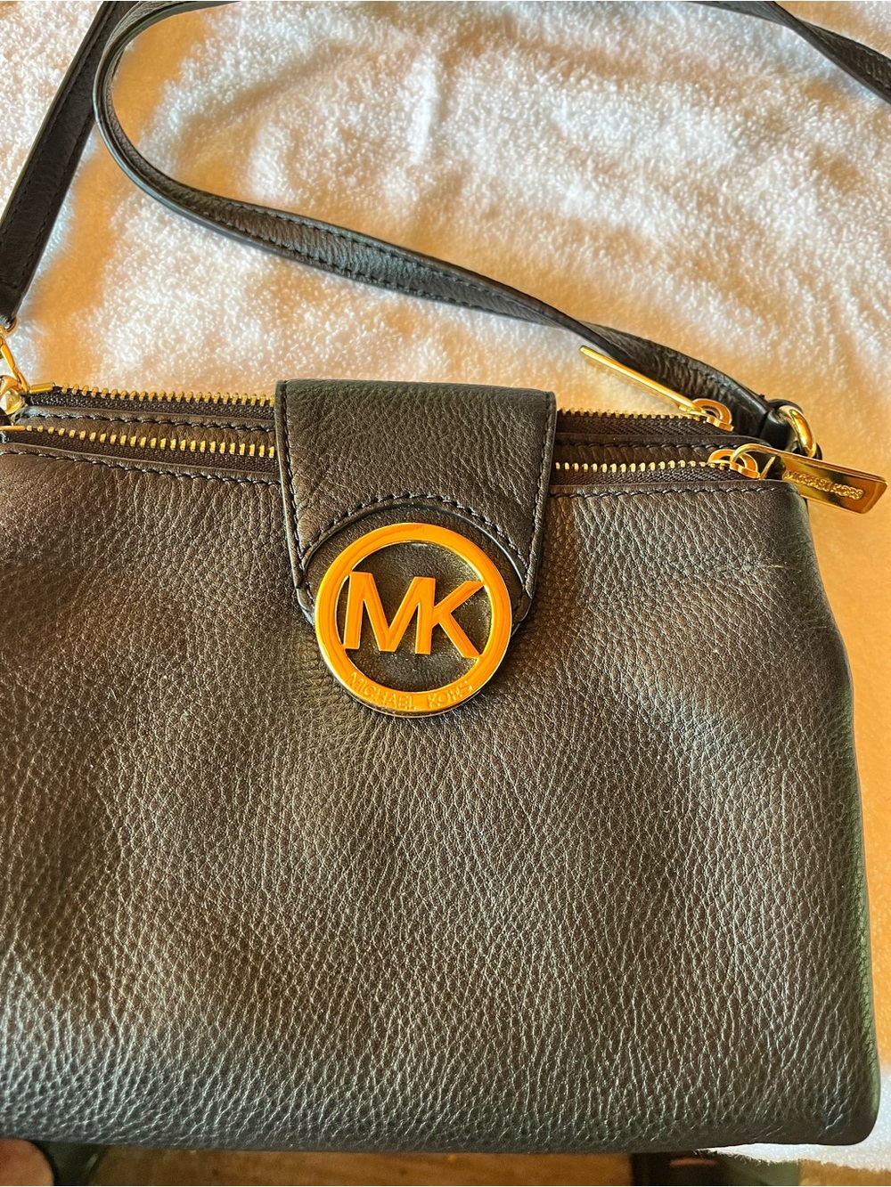 Michael Kors Black Leather Crossbody with Gold MK Emblem